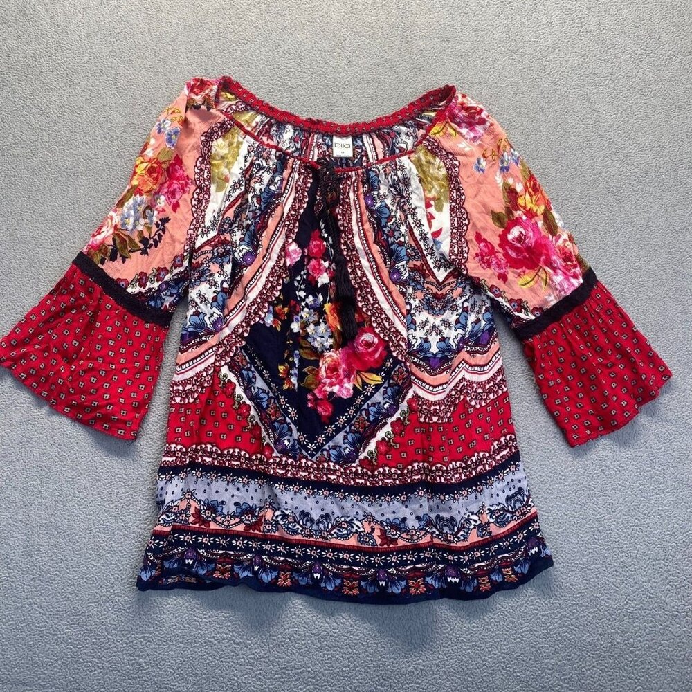 Bila Top Women's Sz Medium Mixed Print Wide Neck Bell Sleeve Boho Gauzy Bohemian